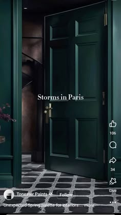 an open door with the words storm in paris on it and a potted plant