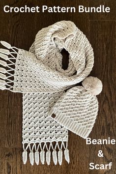 crochet pattern bundle beanie and scarf on a wooden surface with text overlay