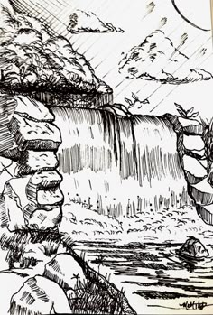 a drawing of a waterfall with rocks and trees in the foreground, under a cloudy sky