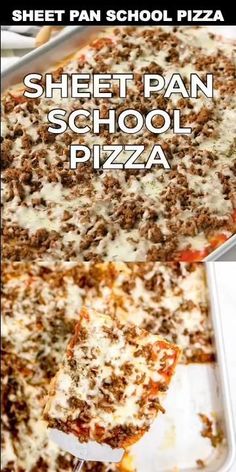 sheet pan school pizza with cheese and ground meat on top, in front of the words sheet pan school pizza