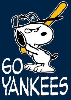 a cartoon dog holding a baseball bat with the words go yankees written on it in white