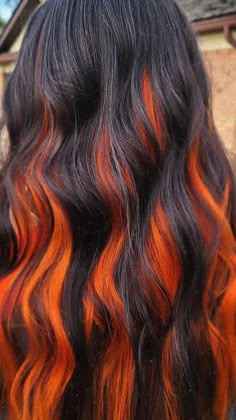 Halloween Hair Styles  • Halloween hair styles  • Halloween hair ideas   • Halloween hair style ideas  • Halloween hair dye  • Hairstyles Orange Hair Color Ideas For Brunettes, Black Hair With Orange Underneath, Red And Blonde Hair Color Ombre, Spooky Season Hair, Black To Orange Ombre Hair, Orange Dip Dye Hair, Dark Brown And Orange Hair, Halloween Hair Dye Ideas, Halloween Hair Color Ideas For Dark Hair