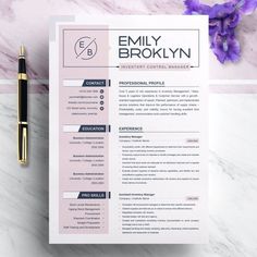 a pink and black resume on top of a white paper next to a purple pen