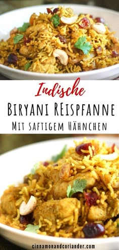 two plates filled with chicken and rice on top of each other, the words super easy one - pot restaurant style chicken biriyann