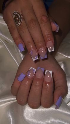 Short Square Acrylic Nails One Color, Back To School Nails Acrylic Short Almond, French Tip Nail Ideas Square, Purple Back To School Nails, Nail Ideas For 6th Grade, Short Acrylic French Tip Nails With Initials, 8th Grade Nail Ideas, Nail Designs For Back To School, Short Nails Purple Design