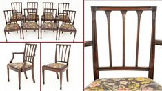 a set of eight chairs with floral upholstered back and arms, all in different styles