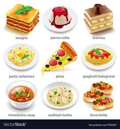 different types of food on plates with names in english and spanish, including pizzas, pasta