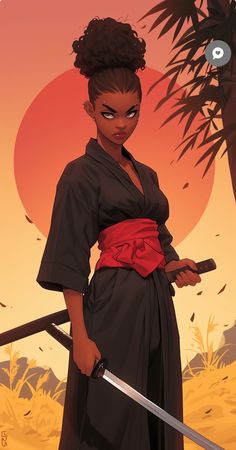 Black Female Samurai Art, Black Female Samurai, Black Samurai Art, Afro Hair Drawing, Figma Illustration, Egyptian Warrior, Samurai Girl, Female Samurai, Afro Samurai