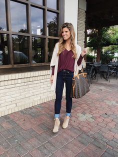 http://liketk.it/2pDJn @liketoknow.it #liketkit Cardigan Jeans, Christmas Day Outfit, Burgundy Top, Cardigan Outfits, Open Cardigan, Louis Vuitton Bag Neverfull, Winter Fashion, Outfit Ideas, Cute Outfits