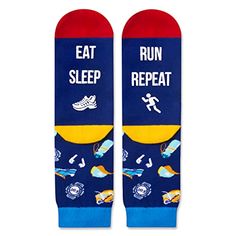 Funny Running SocksThese dark blue running socks feature running shoes, water bottles, watches, and headphones. The soles of the feet feature funny sayings such as "EAT SLEEP RUN REPEAT."Size & PackageOur unisex design fits most men's US size 6-13 feet and most women's US size 7 and up. Each pair of funny socks comes in a plastic zippered bag.Quality MaterialOur novelty socks are made of 80% Cotton, 15% Polyamide, and 5% Elastane to ensure they are soft, comfortable, stretchy, and breathable. Th Radiologist Gifts, Nurse Socks, Dental Assistant Gifts, Socks Gifts, Funny Running, Sports Lover Gifts, Socks Funny, Medical Gifts, Running Gifts