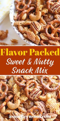 a bowl full of flavored sweet and nutty snack mix with the title above it