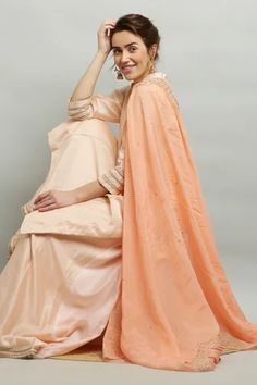 Shop for Kefi Collections Peach Anjila Silk Chanderi Kurta Sharara Set for Women Online at Aza Fashions Kurta And Sharara, Sheer Dupatta, Kurta Sharara Set, Chanderi Dupatta, Kurta Sharara, Scallop Border, Embroidered Dupatta, Sharara Set, Pattern Embroidery