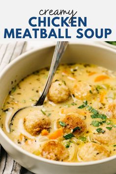 creamy chicken meatball soup in a white bowl with a spoon