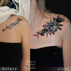 before and after photos of a woman's shoulder tattoo