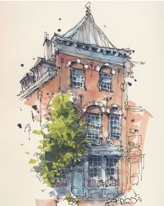 a drawing of a building with trees in front of it