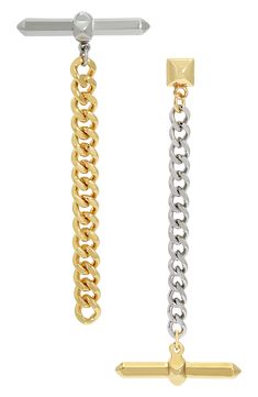 Bold two-tone plating defines these chain-drop earrings that add instant style to your everyday ensemble. 3" drop  Post back Goldtone and silvertone plate Imported Chain Drop Earrings, Cuban Chain, Accessories Jewelry Earrings, Keep Jewelry, Women Accessories Jewelry, Silver Color, Nordstrom Rack