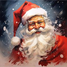 a painting of santa claus with snow falling all around him and his eyes are open