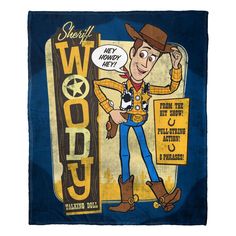 a blue towel with an image of woody from the television show woody's wild west