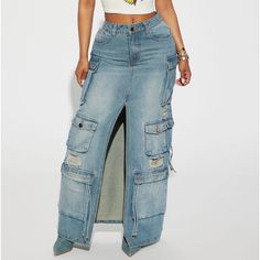 New Fashion Nova Distressed Cargo Maxi Denim Jean Skirt 2xl. High Rise Denim Skirt For Streetwear, High Rise Denim Skirt In Medium Wash For Streetwear, Distress Denim, Distressed Denim Skirt, Denim Jean Skirt, Denim Maxi, Denim Maxi Skirt, Original Fashion, Cargo Skirt