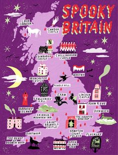 an illustrated map of the british country with all its towns and major landmarks on it