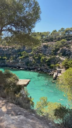 people are swimming in the blue water near some rocks and trees on top of a hill