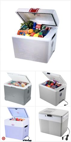 four different types of coolers with their lids open and the contents in each one