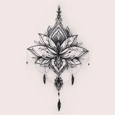 a black and white drawing of a lotus flower with feathers on it's side