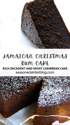 a close up of a piece of cake on a plate with the words jamaican christmas rum cake