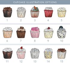 an illustrated guide to cupcakes with different frosting colors and toppings on them