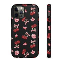 an iphone case with red flowers on black, showing the back and side view of the phone