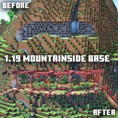 the before and after pictures of a mountain side base in minecraft, with text overlay