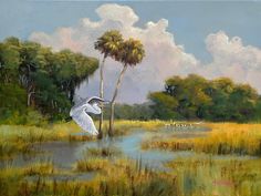 an oil painting of a white bird flying over a swampy area with palm trees