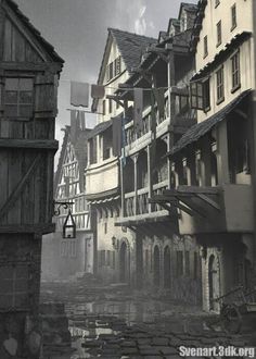 an old photo of some buildings in the fog