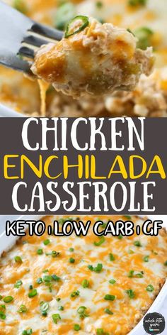 chicken enchilada casserole in a white dish with a fork