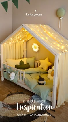 a child's bed with lights on the ceiling and curtains over it, in a room