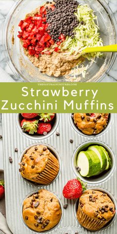 strawberry zucchini muffins with chocolate chips and strawberries in the middle