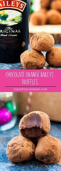 chocolate orange bailey's truffles are stacked on top of each other