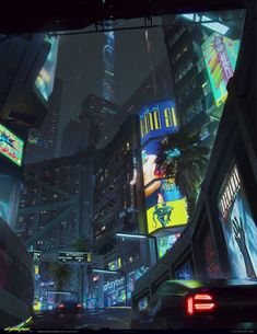 a city at night with neon lights and billboards on the buildings in the foreground