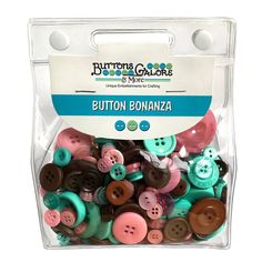 buttons in a clear plastic container on a white background with the label button bonza