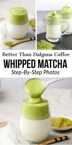 the steps to make whipped matcha are shown