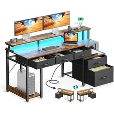 a computer desk with two monitors on top of it and drawers underneath the desks