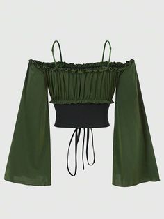 ROMWE Hippie Plus Size Women's Forest Fairy Open Shoulder Ruffle Bell Sleeve Top Plus Size Cottagecore Fashion Grunge, Fairy Shirt Diy, Green Ruffle Sleeve Tops For Fall, Fairy Like Outfits, Green Ruffled Tops For Winter, Green Ruffled Winter Tops, Winter Green Ruffled Tops, Modern Fairy Outfit, Fairy Clothes Aesthetic