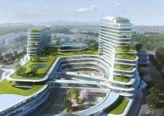 an aerial view of a futuristic building in the middle of a city with lots of trees