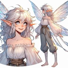 a fairy with white hair and blue eyes is standing next to another character in the background