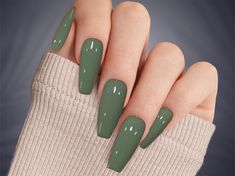 Elevate your nails with our sophisticated Hunter Sage Green Press on Nails! Crafted with meticulous attention to detail, these custom hand-painted nails feature a rich and elegant sage green hue, perfect for adding a touch of luxury to any look. You will receive a full set of 10 nails in your size along with a complimentary gift of a nail file, cuticle stick, alcohol wipes, and nail glue. If you prefer tape tabs instead of glue, just let us know. I am more than happy to personalize your order, s Green Tone Nails, Matte Olive Nails, Green Nails Coffin Shape, Lemon And Lime Nails, Sage Color Nails, Green Coffin Acrylic Nails, Sage Green Acrylic Nails, Olive Nail Designs, Fall Green Nails