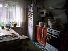 a kitchen with an oven, refrigerator and window