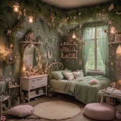 a bedroom decorated in green and white with fairy lights