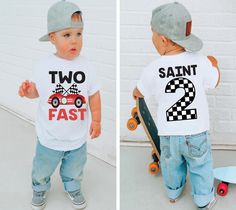 two pictures of a toddler boy wearing matching t - shirts and holding a skateboard