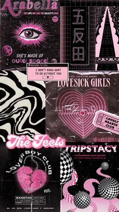 various posters with pink and black designs on them, including the words love sick girls