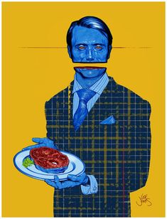 a painting of a man holding a plate with food on it's face and mouth